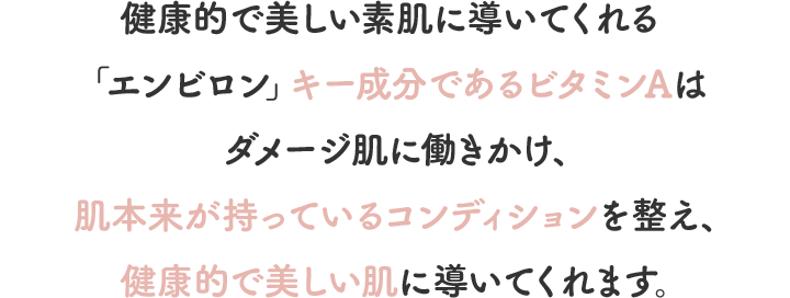 健康的で美しい素肌に導いてくれる「エンビロン」キー成分であるビタミンAはダメージ肌に働きかけ、肌本来が持っているコンディションを整え、健康的で美しい肌に導いてくれます。
